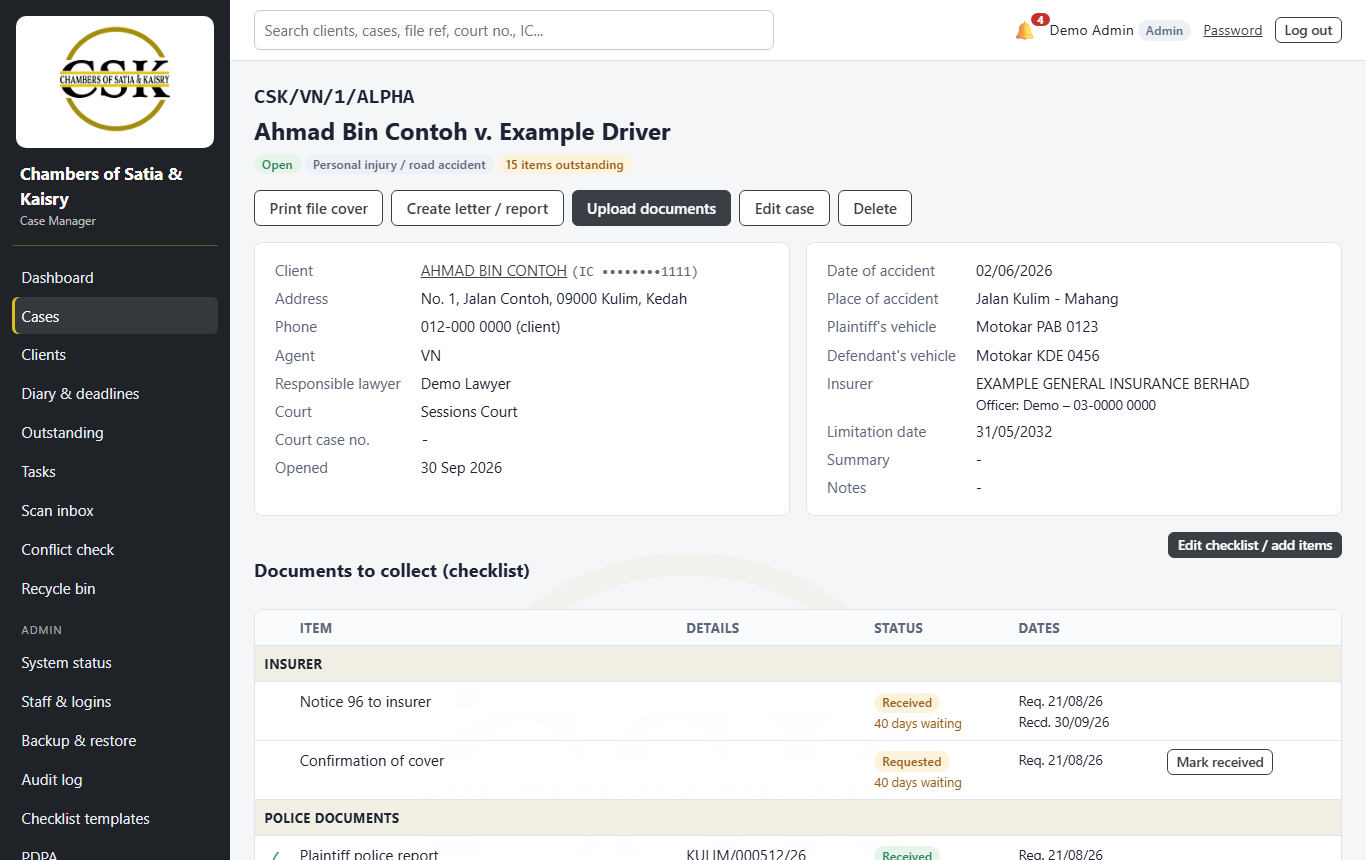 CSK case file with document checklist (demo data)