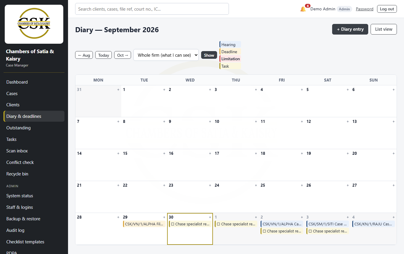CSK monthly diary with hearings and deadlines (demo data)